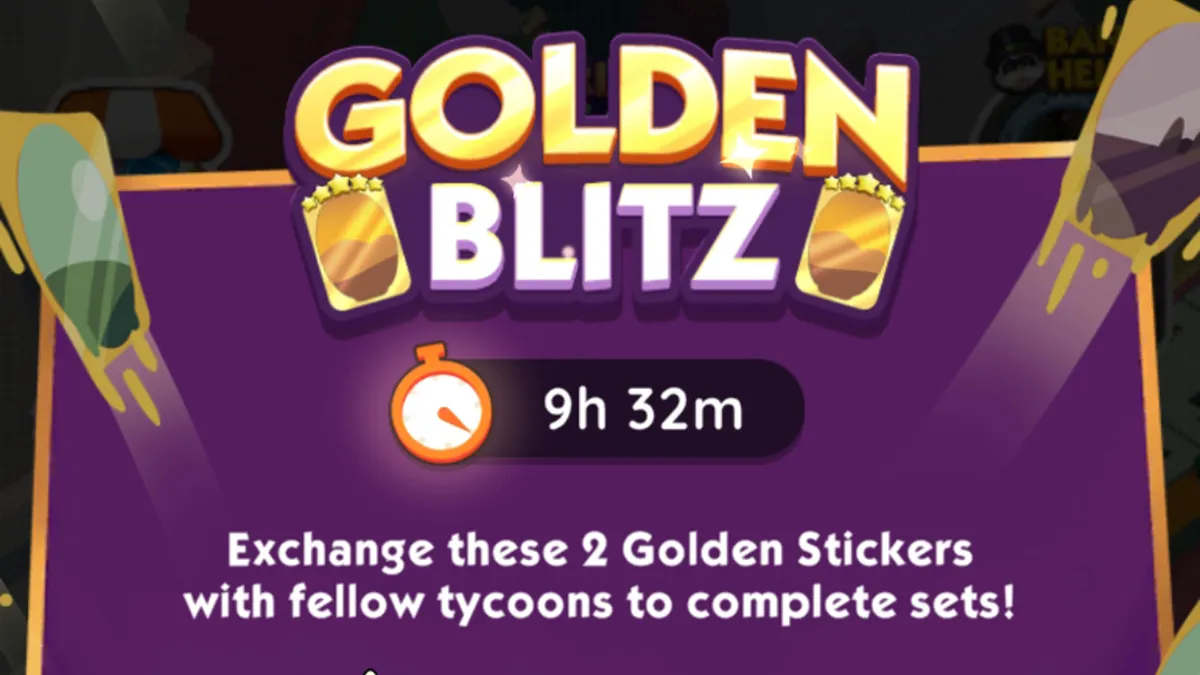 A header-sized image showing the logo for the Golden Blitz event in Monopoly GO as well as the time remaining on the event.