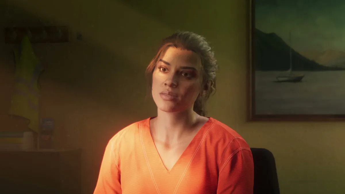 Lucia from Grand Theft Auto 6, a woman wearing a yellow prison outfit