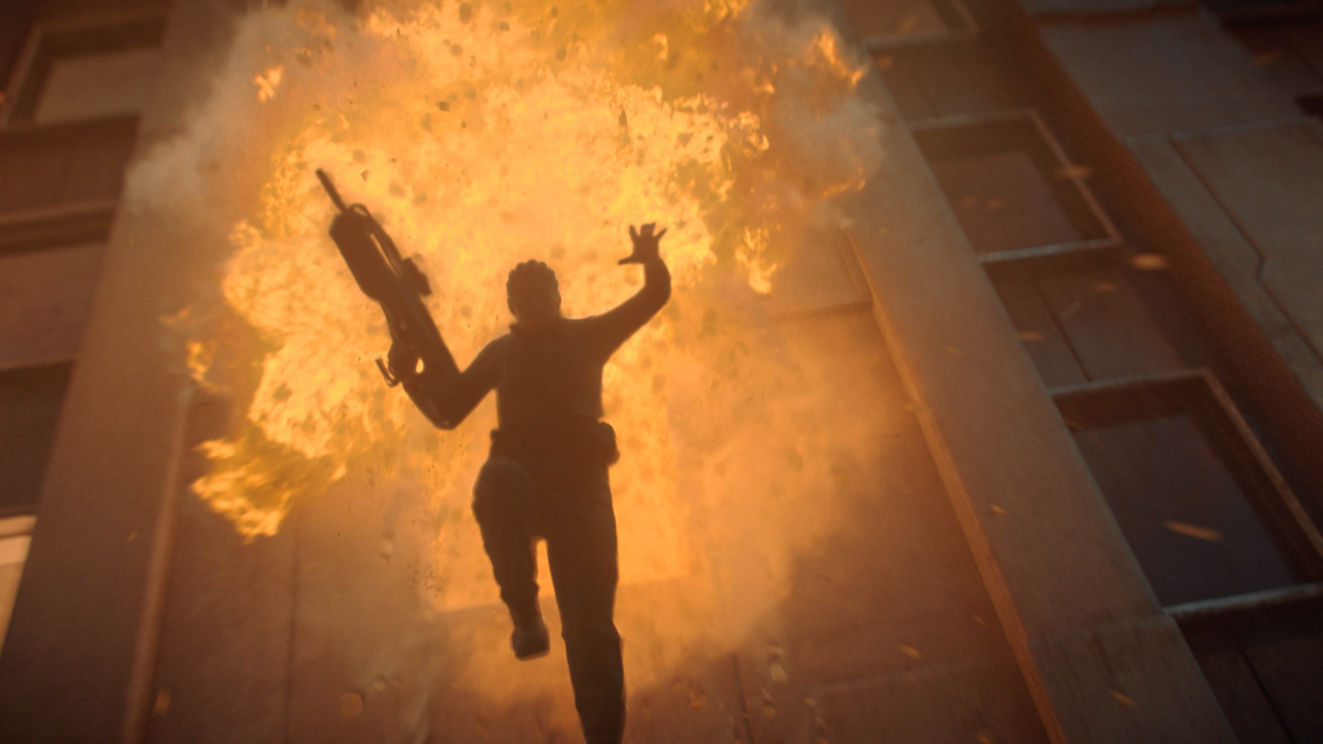 A spartan jumping out of a building. This image is part of an article about why Halo was never going to be faithful to Reach.