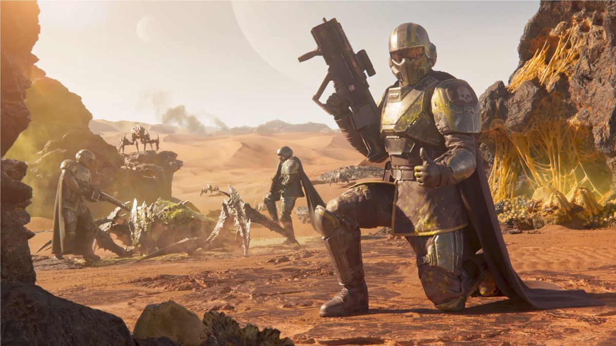 A soldier kneeling in Helldivers 2. This image is part of an article about how to fix "Failed to Establish Connection" in Helldivers 2.