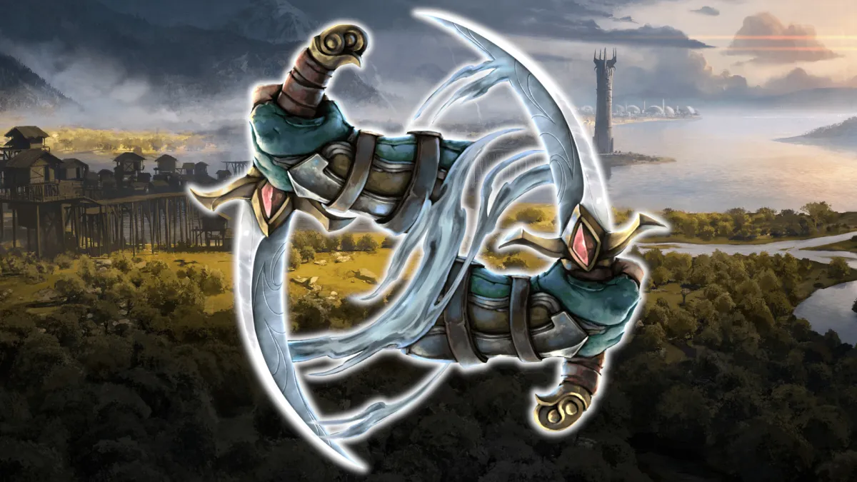Two hands holding daggers. This image is part of an article about the best rogue mastery and builds in Last Epoch.