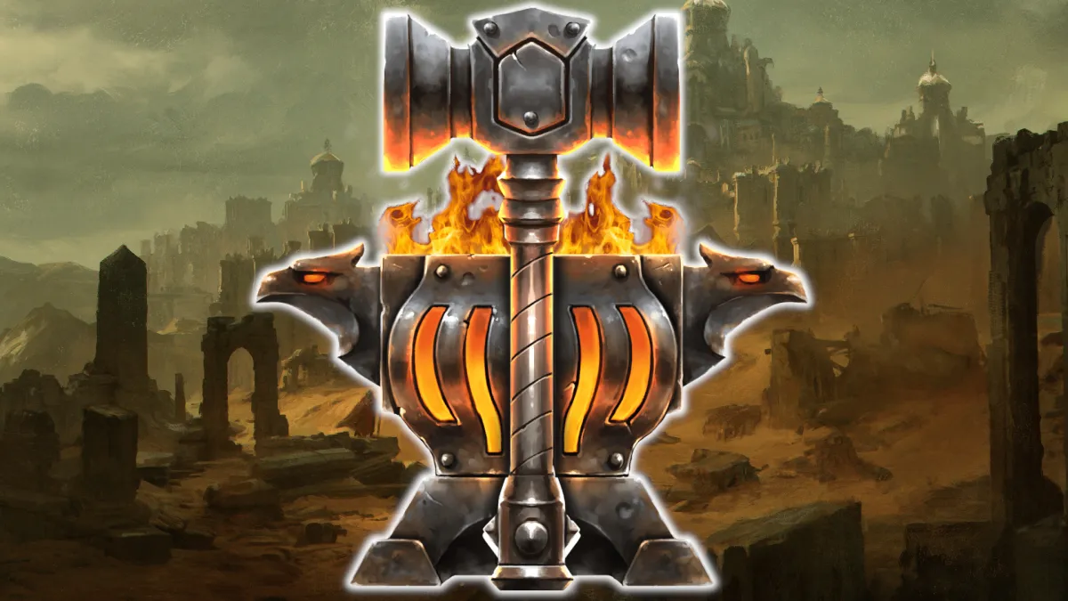 A forge and hammer. This image is part of an article about the best Sentinel mastery and builds in Last Epoch.