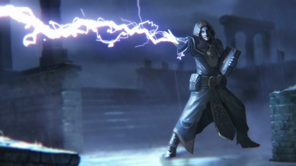 the mage from last epoch casting lightning bolt in official art