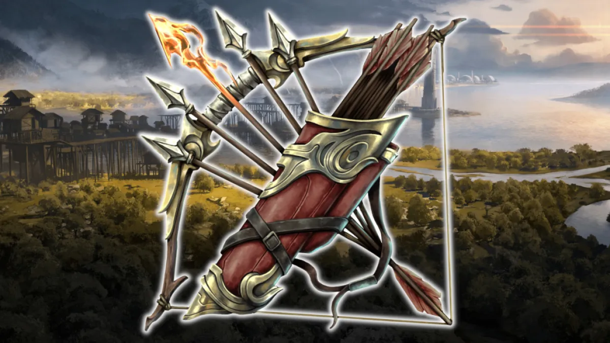 A bow with a flaming arrow. This image is part of an article about the best rogue mastery and builds in Last Epoch.
