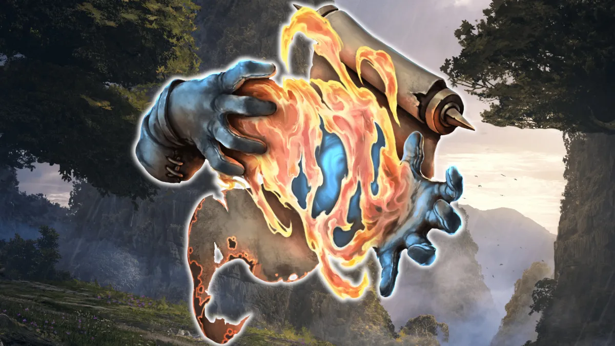 Hands around a flaming ball. This image is part of an article about the best Mage mastery and builds in Last Epoch.