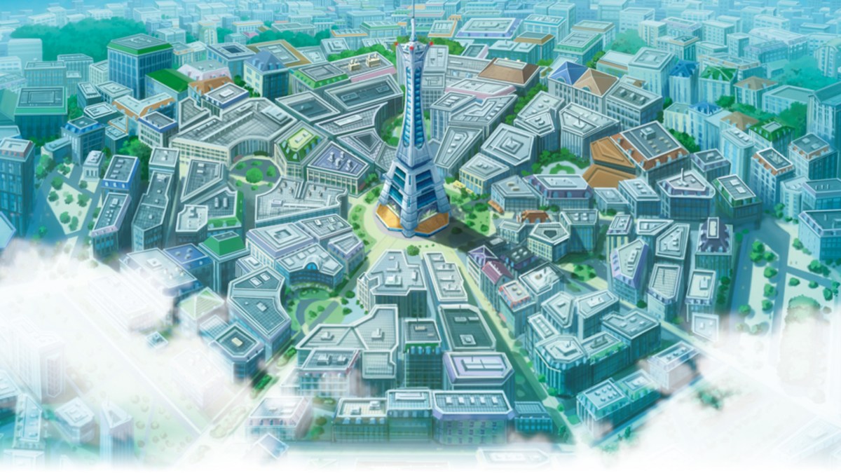 A tower in Lumiose City. This image is part of an article about Why Pokemon Legends: Z-A Makes More Sense Than Black and White Remakes.