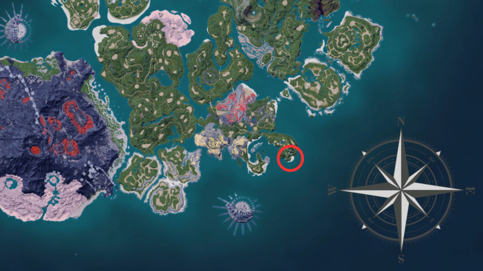 A spot on the Palworld map. This image is part of an article about the best base locations in Palworld. 