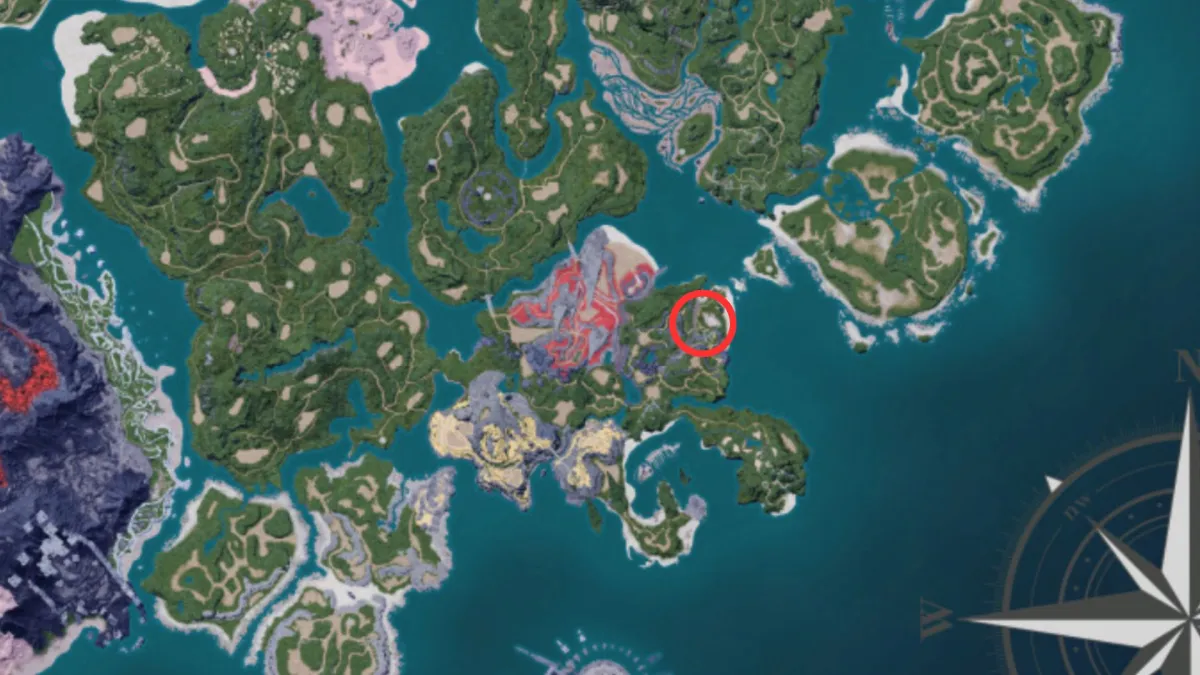 A spot on the Palworld map. This image is part of an article about the best base locations in Palworld. 