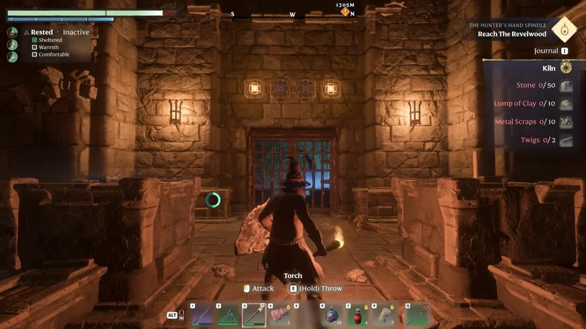 A player in a dungeon in Enshrouded. This image is part of an article about how to solve the Mitsbury Catacombs buttons puzzle in Enshrouded. 