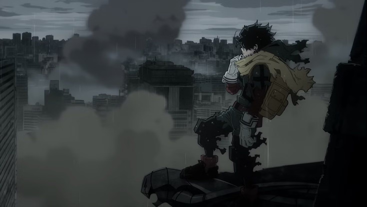 Deku standing in rubble. This image is part of an article about all the major My Hero Academia (MHA) arcs, ranked from worst to best.