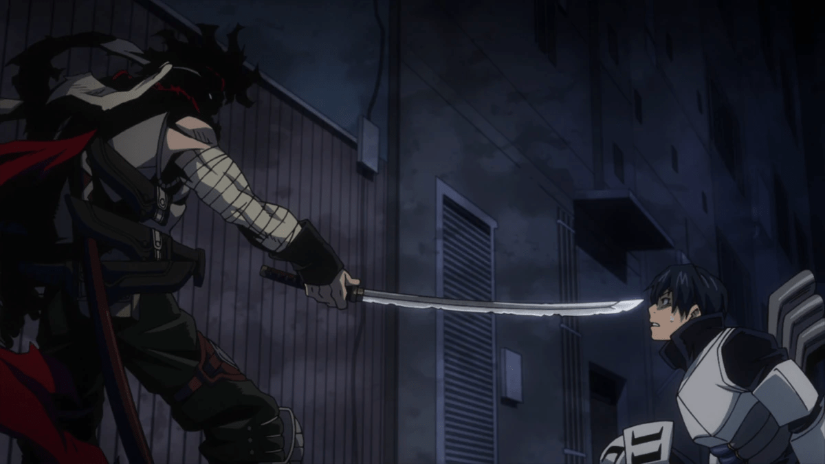A character holding a sword in MHA. This image is part of an article about all the major My Hero Academia (MHA) arcs, ranked from worst to best.