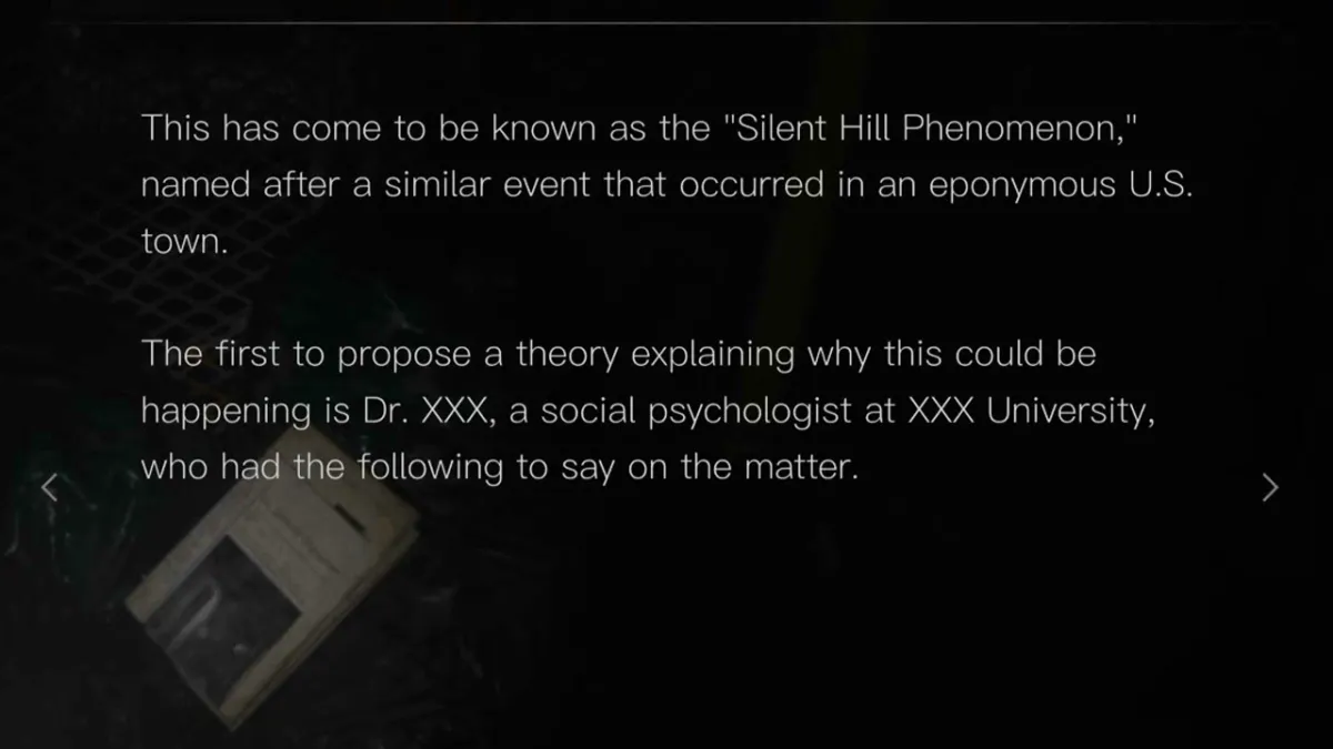 Una nota que menciona el "Fenómeno de Silent Hill".  Esta imagen es parte de un artículo sobre cómo Silent Hill: The Short Message se conecta con otros juegos de Silent Hill.