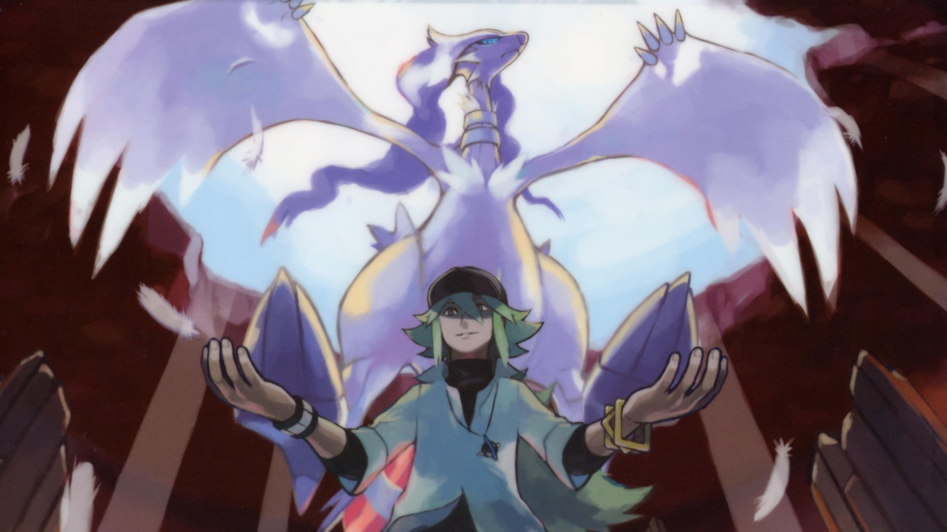 trainer n from pokemon white with reshiram in the background