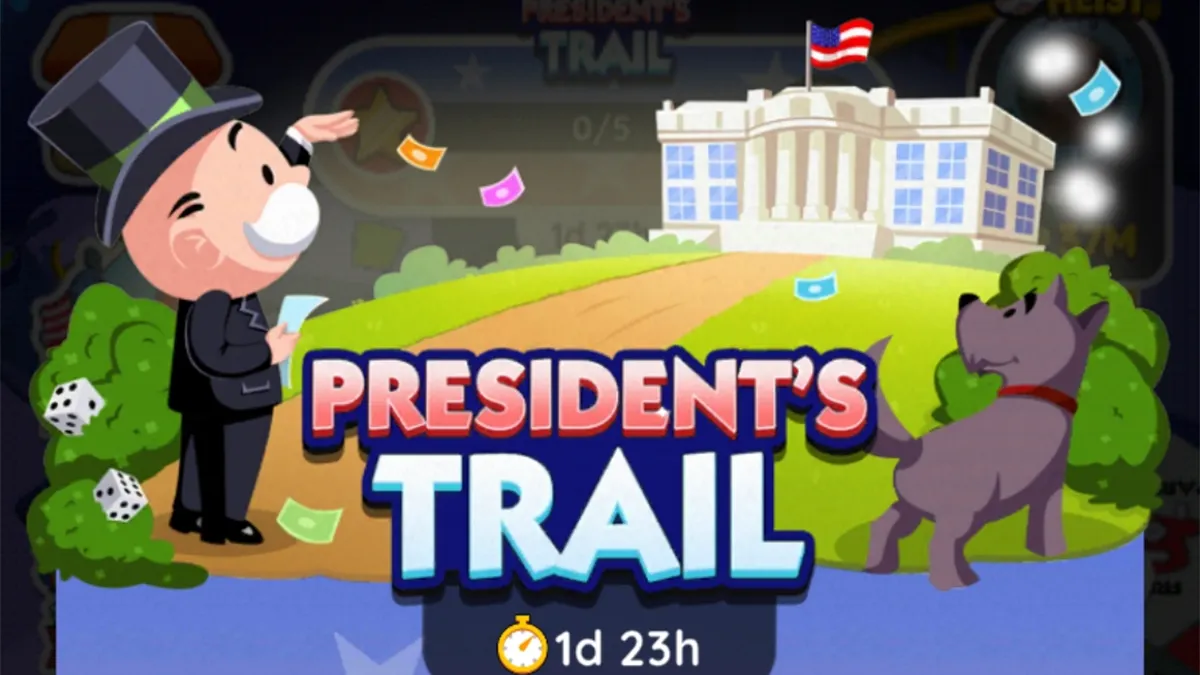 An image for the President's Trail event in Monopoly GO showing Mr Monopoly and his dog looking at the White House.