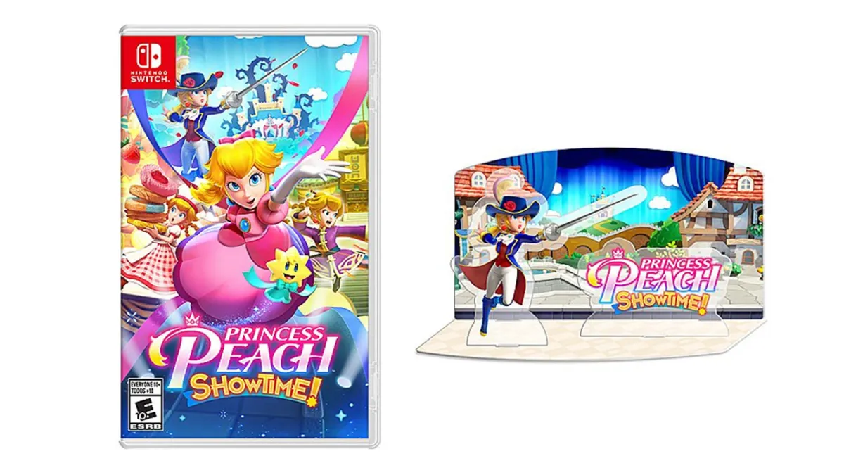 A copy of Princess Peach: Showtime, with an acrylic stand next to it. 