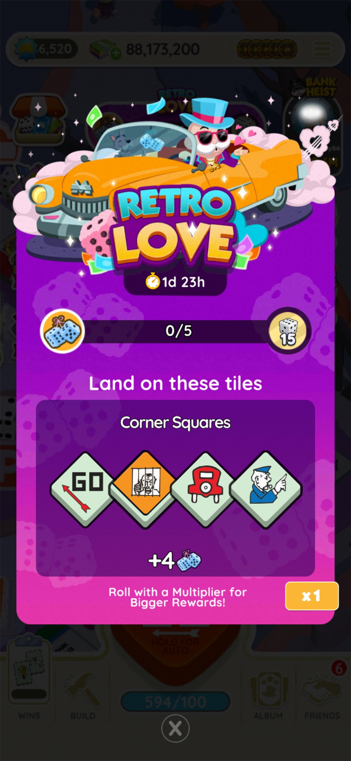 An image for the Retro Love event showing Mr. Monopoly in a fancy car above the logo for the event. The image is part of an article on all the rewards and milestones you can get in the Retro Love event in Monopoly GO, listed.