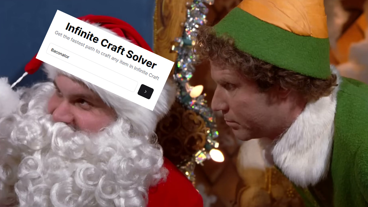 A shot of Buddy from the movie Elf yelling at Santa, with Infinite Craft Solver written on his head.