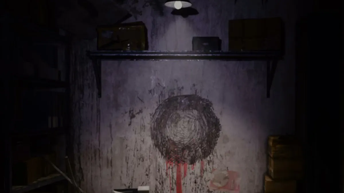 A strange grey circular mark on a wall, with red coming from beneath it. This image is part of an article about how Silent Hill: The Short Message connects to other Silent Hill games.