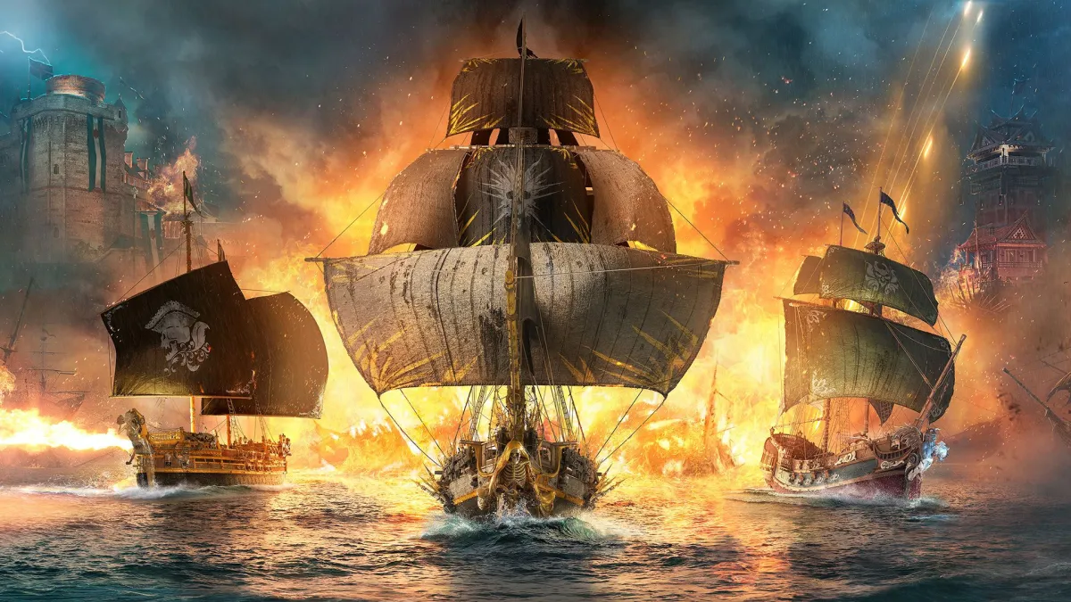 three ships sailing with fire in the background from skull and bones