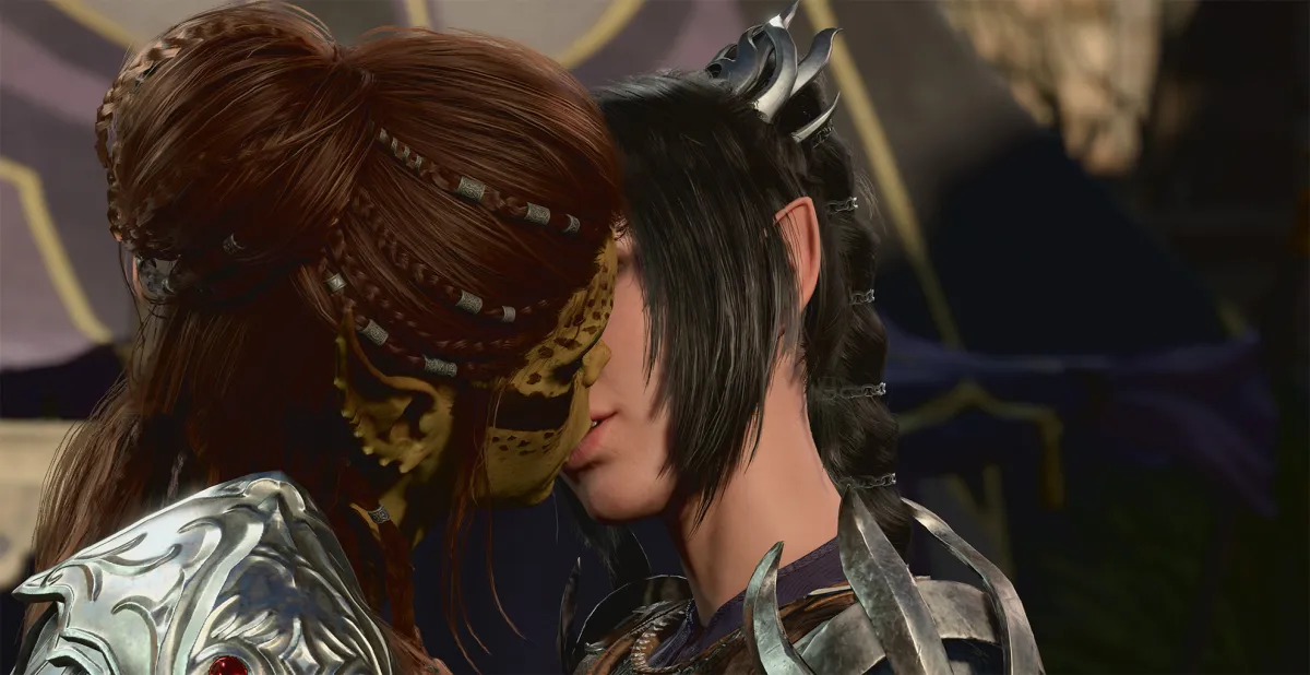 Shadowheart and Lae'zel kissing in Baldur's Gate 3