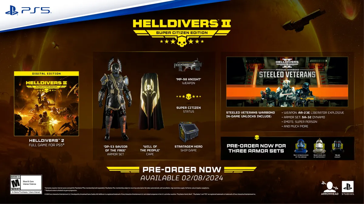 An image showing the contents of the digital Helldivers 2 Super Citizen Edition. This image is part of an article about all Helldivers 2 pre-order bonuses and editions. 