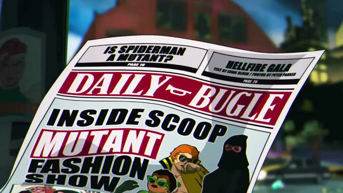 El periódico Daily Bugle en X-Men '97 con "¿Es Spiderman un mutante?" escrito encima. 