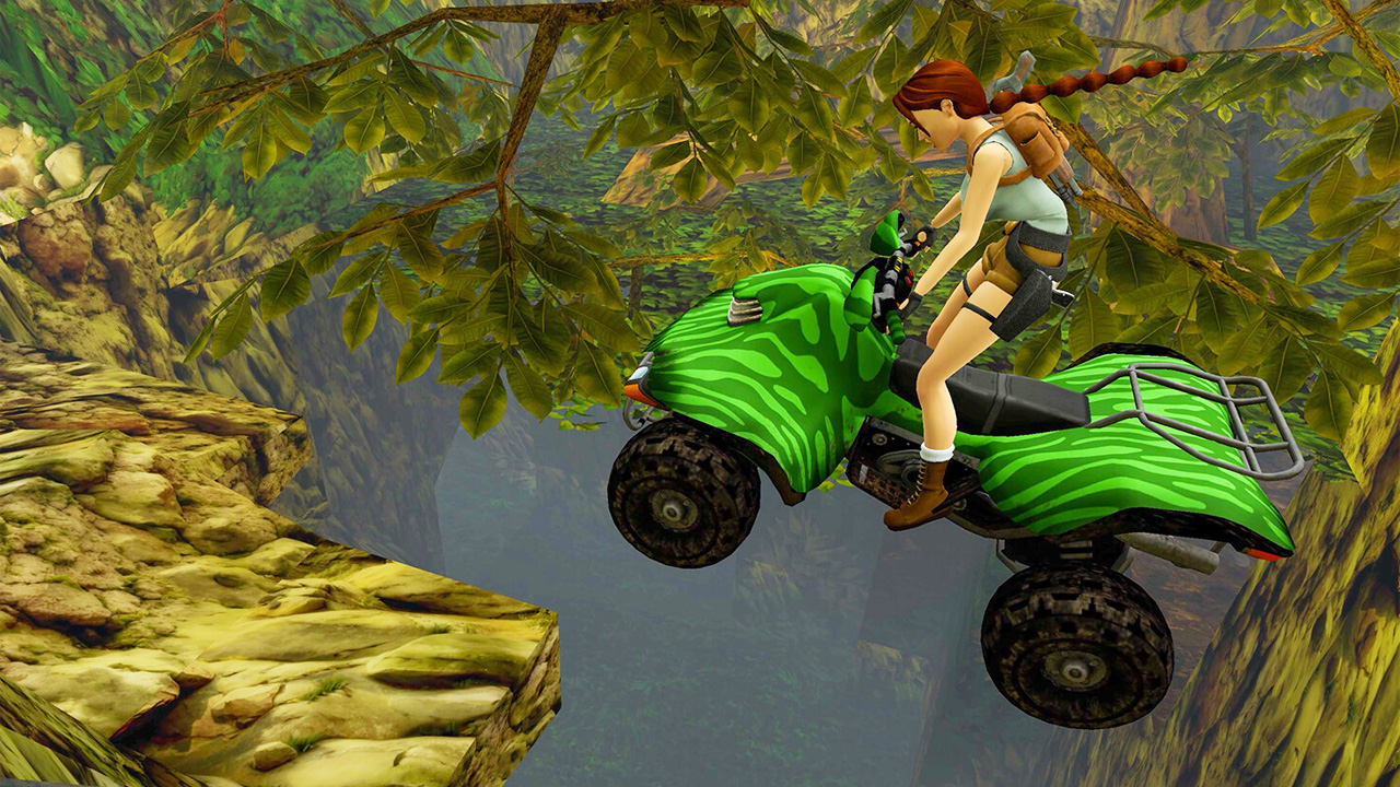 Tomb Raider I-III Remastered, with Lara jumping a gorge on a green quad bike.