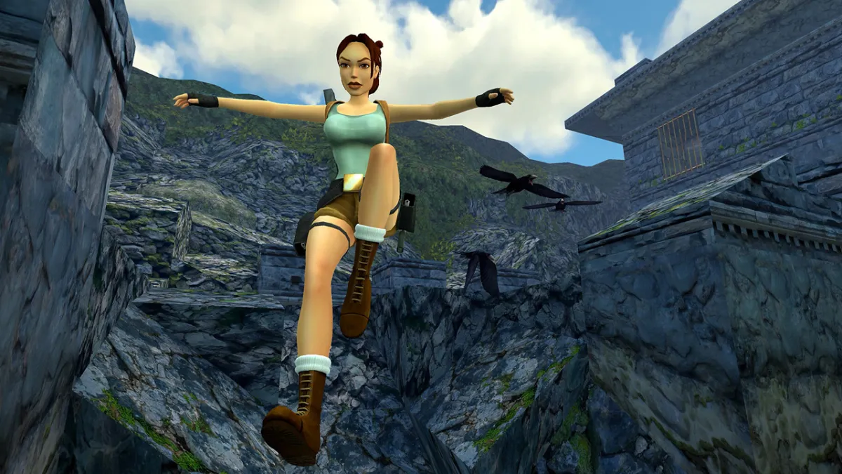 Lara Croft jumping down in Tomb Raider