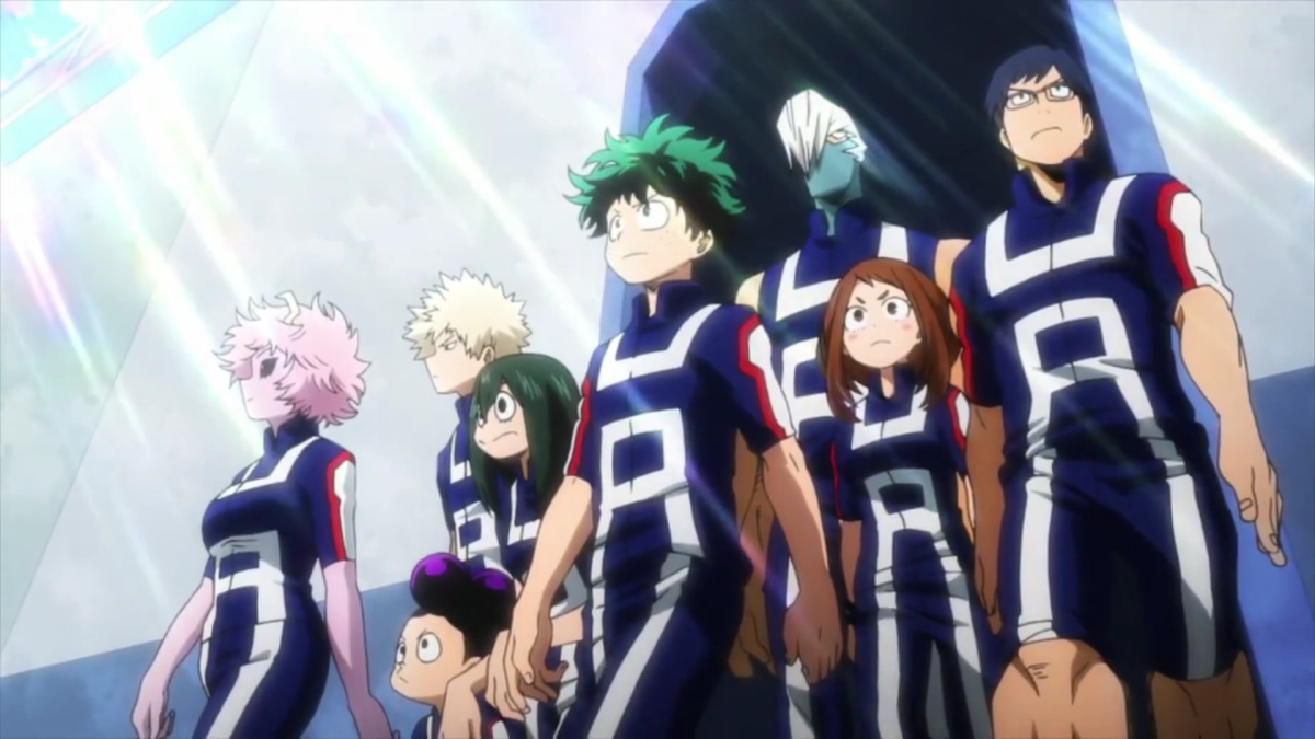 Characters all wearing the same uniform.