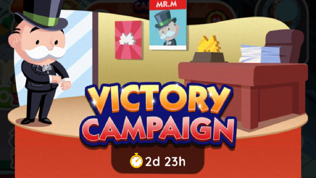 A header image for the Victory Campaign event in Monopoly GO showing Mr. Monopoly in a campaign office.