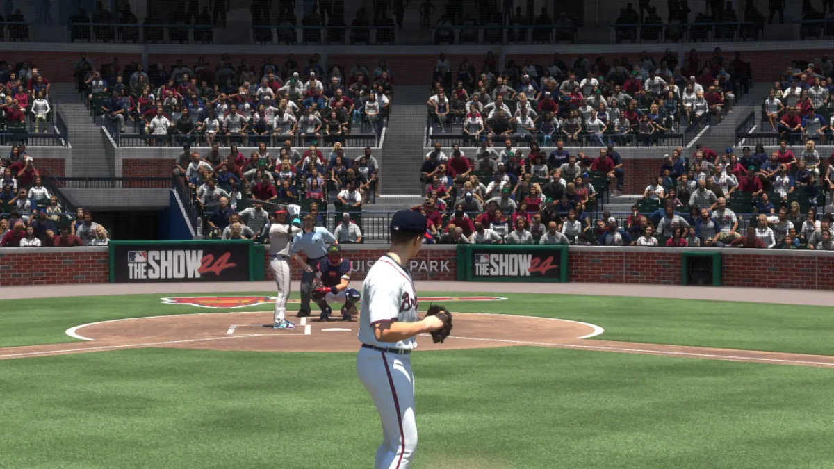 Spencer Stride about to throw a pitch in MLB The Show 24. This image is part of an article about how to quick pitch in MLB The Show 24.