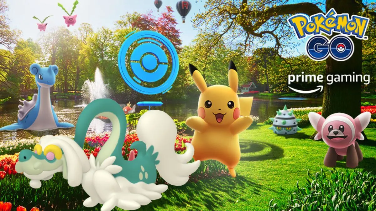 Pokemon GO and Prime Gaming promotional image, featuring Pikachu and other Pokemon celebrating at a PokeStop. This image is part of an article about Pokémon GO Friend Codes - Add Friends & Share Friend Codes.