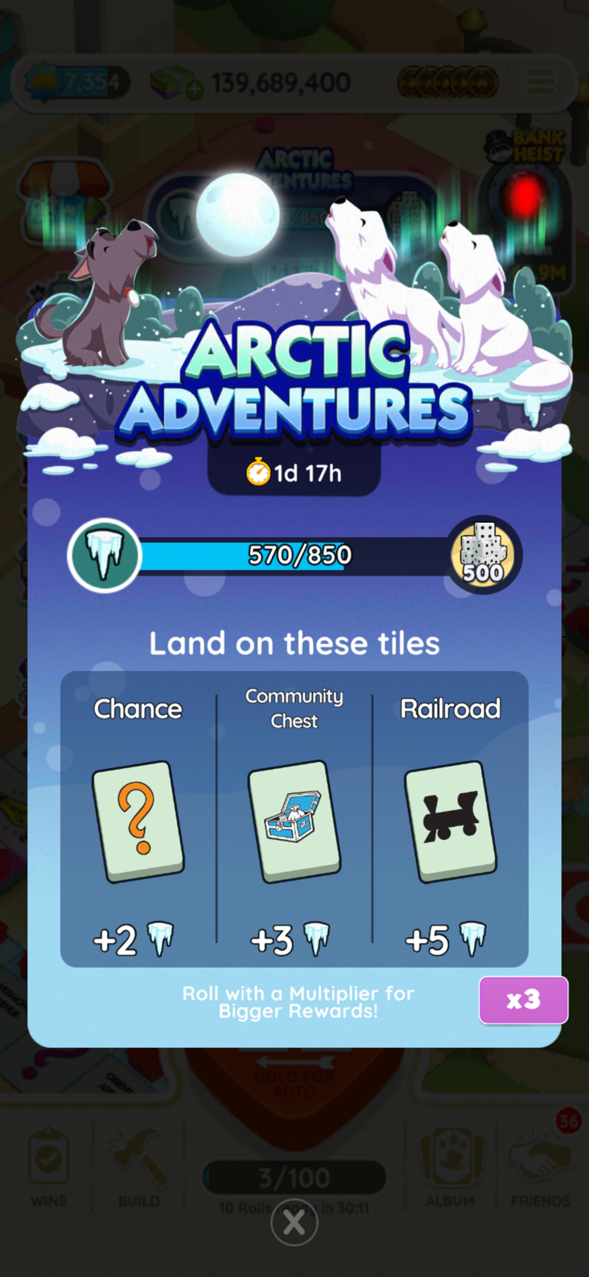 An image for the Arctic Adventures event in Monopoly GO showing three dogs howling at a full moon. The image is part of an article on all the rewards and milestones, listed, for the Arctic Adventures event in Monopoly GO.