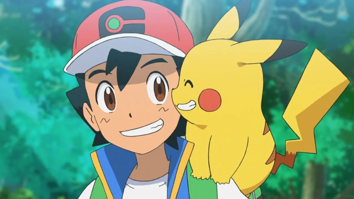 Imagen de Ash Ketchum y Pikachu de Pokémon.  Pikachu está sentado en el hombro de Ash.