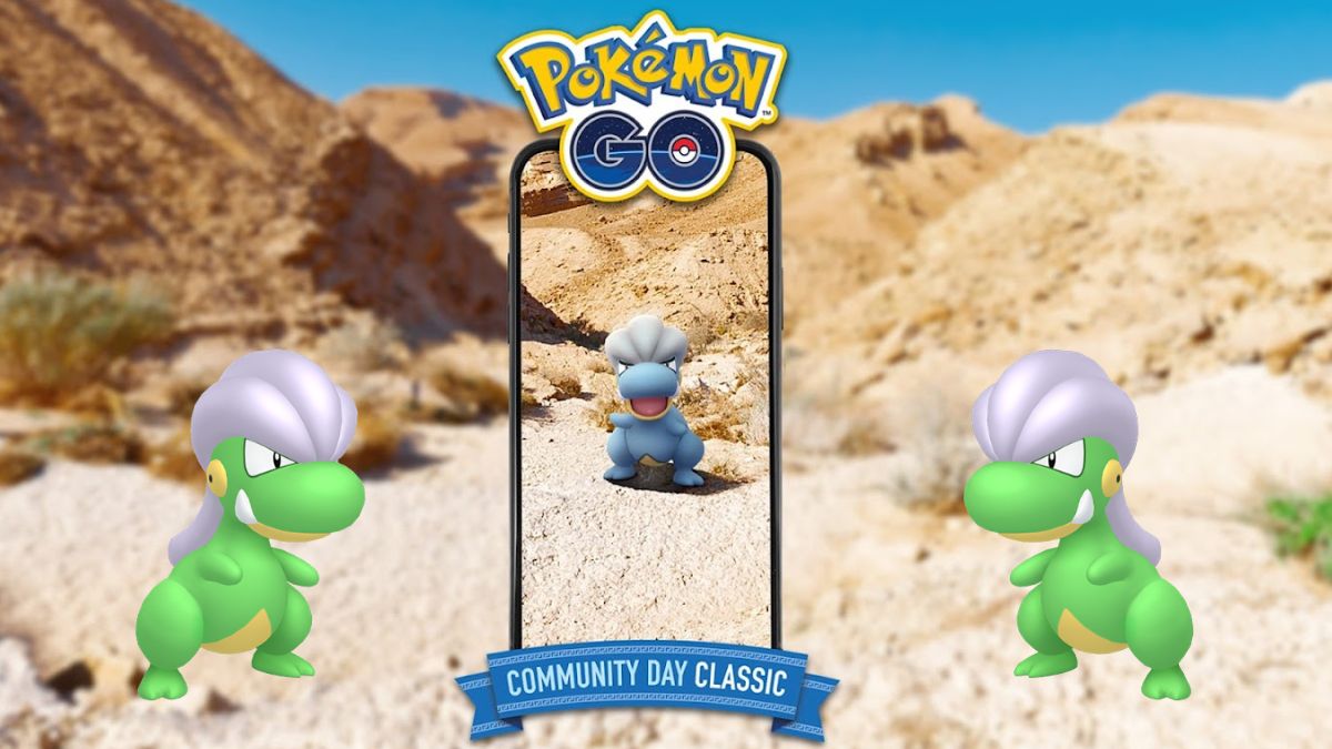 Image of two Shiny Bagon, with a third Bagon centered on a Cell Phone screen above the banner "Community Day"