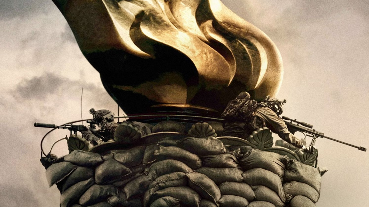 Cropped poster art for A24's Civil War depicting soldiers and the Statue of Liberty's torch