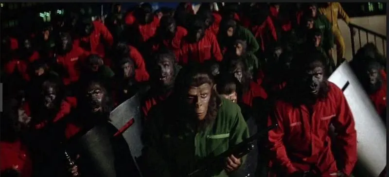 Apes gathered together in Conquest of the Planet of the Apes. This image is part of an article about every Planet of the Apes movie, ranked from worst to best.