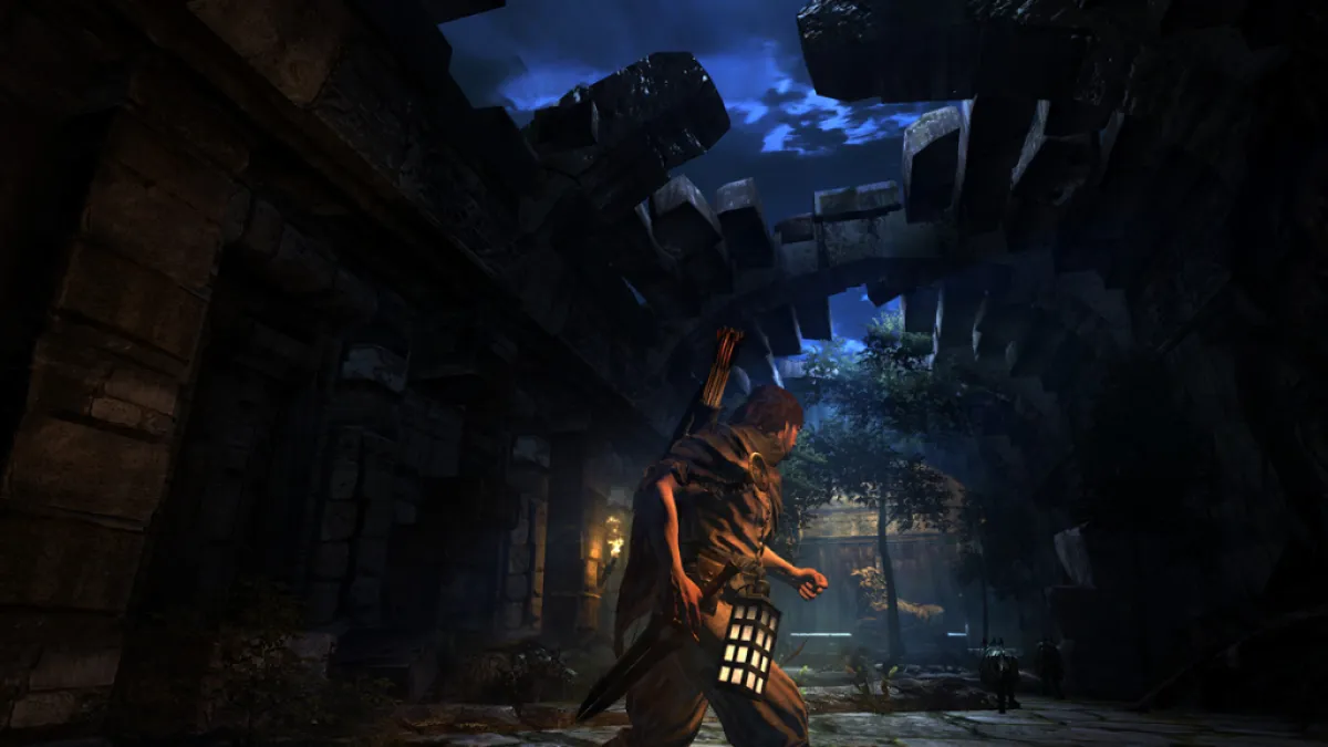 Player running through dilapidated dungeon