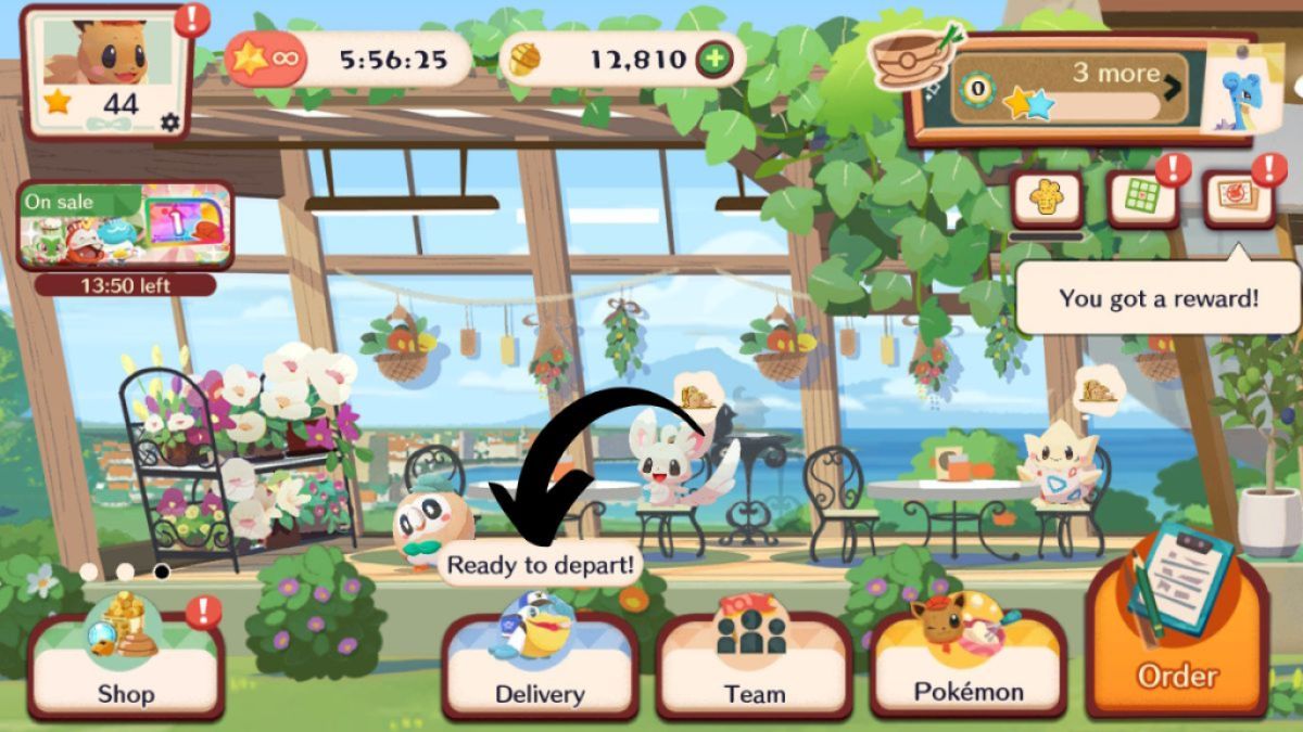 Screenshot of the homepage for Pokemon Cafe Remix, with an arrow pointing to the Deliveries menu option. This image is part of an article about how to get the Pawmo Retro Chef Outfit in Pokemon Cafe Remix.