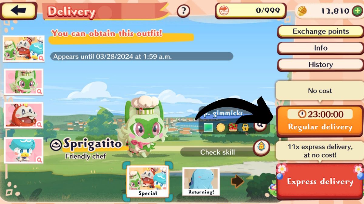 Captura de pantalla de la página de entregas en Pokémon Cafe Remix, con una flecha apuntando al "hacer una entrega" botón.  Esta imagen es parte de un artículo sobre cómo obtener el traje de chef retro Pawmo en Pokemon Cafe Remix.