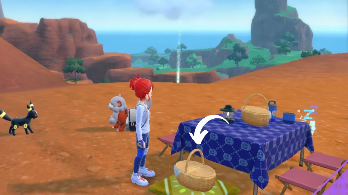 Screenshot of a picnic in Pokemon Scarlet and Violet, with an arrow pointing to the basket where eggs appear
