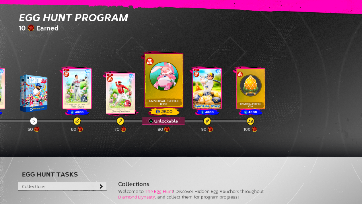 An image showing cards in the Egg Hunt Program in MLB The Show 24 as part of a guide on all their locations.