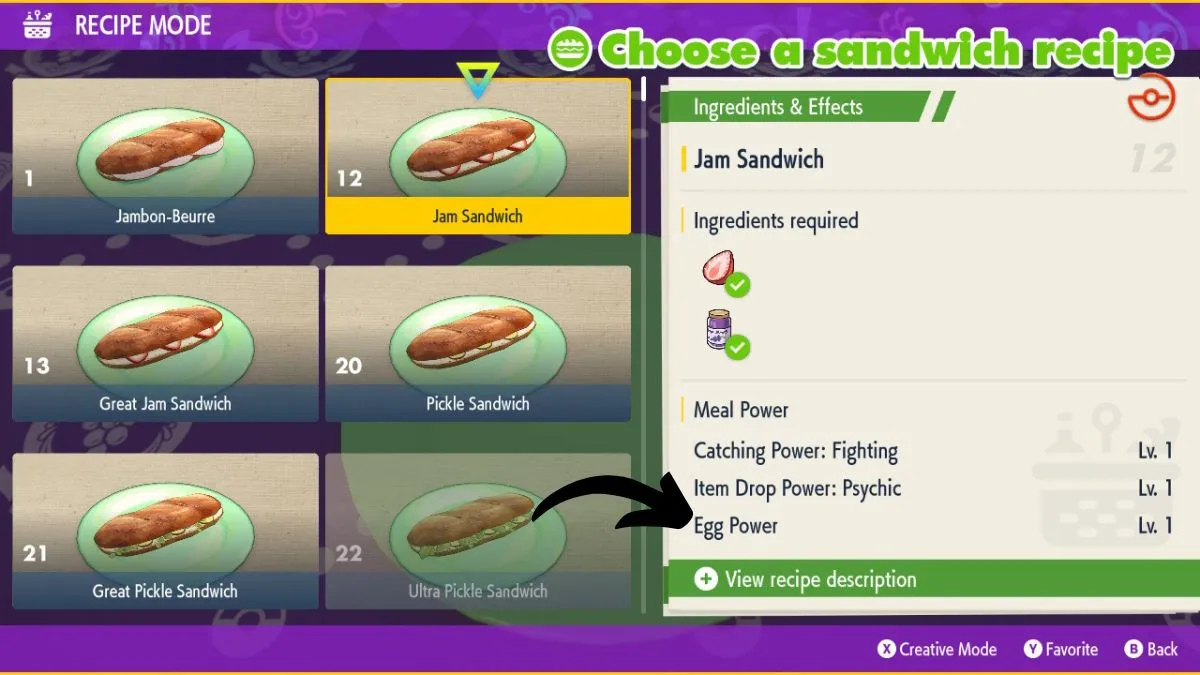 Screenshot of the recipe mode for sandwich making in Pokemon Scarlet & Violet, with an arrow pointing to the egg power