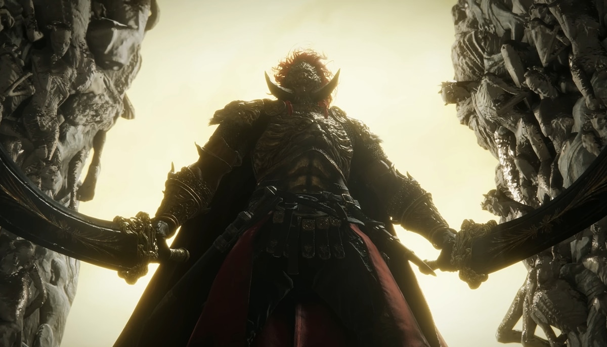 Promised Consort Radahn standing between stone cliffs in Elden Ring