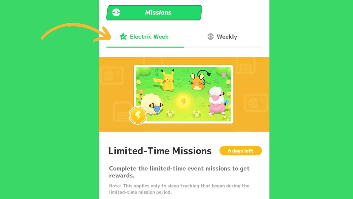 Captura de pantalla de las misiones de la Semana Eléctrica en Pokémon Sleep