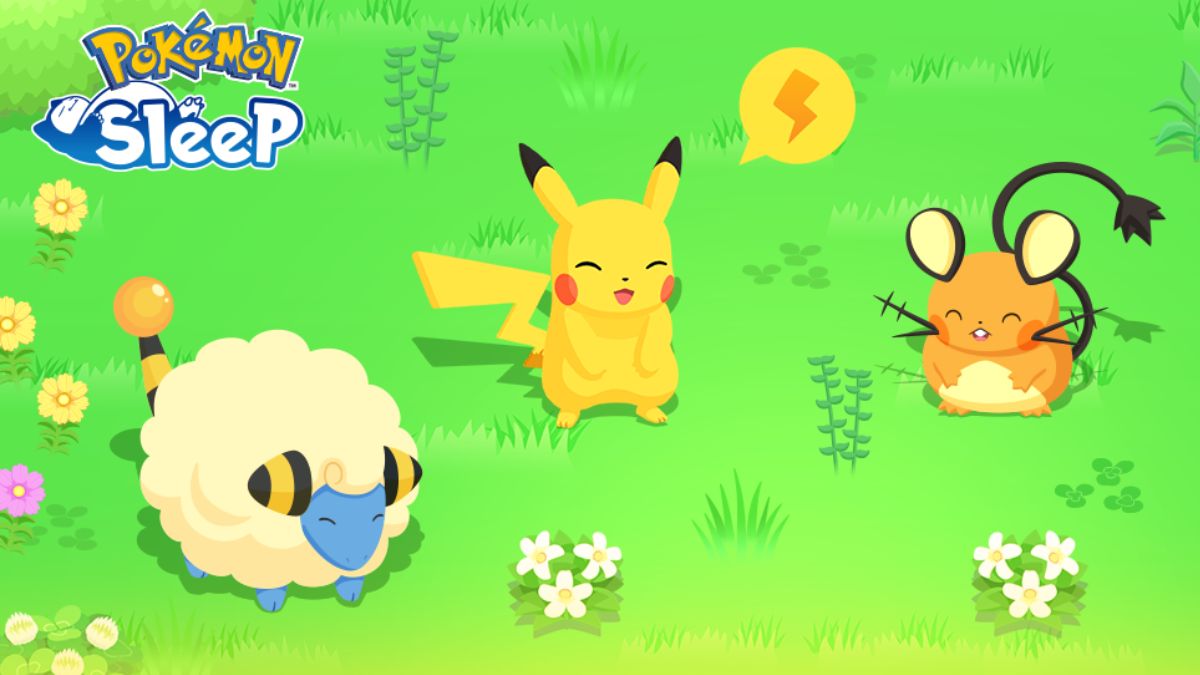 Banner for Electric Week in Pokemon Sleep, featuring Mareep, Pikachu, and Dedenne