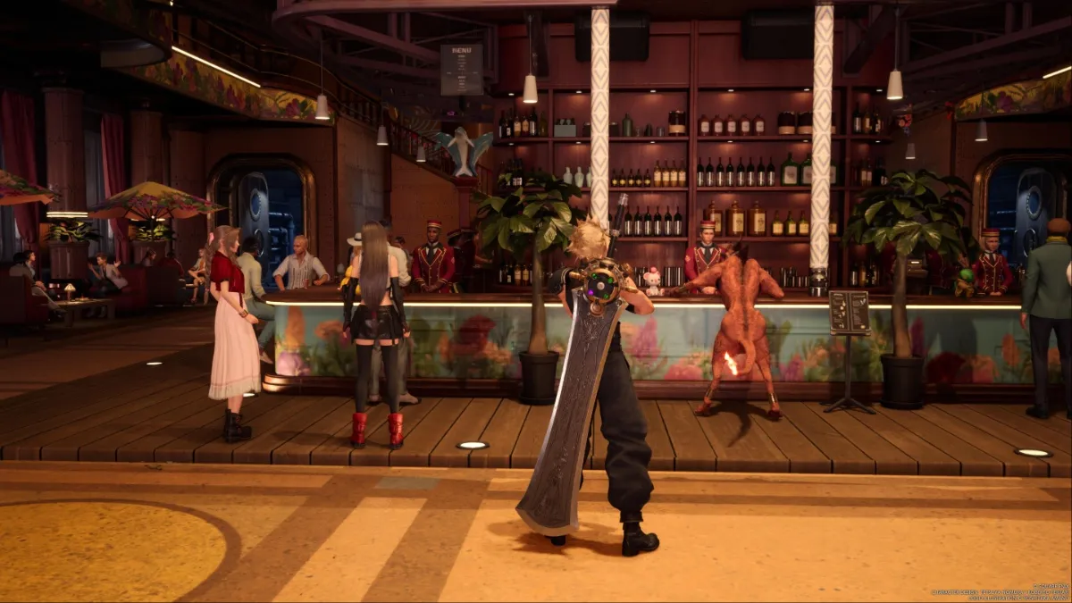 FF7 Rebirth screenshot of Cloud in the Shinra-8 Lobby at the Queen's Blood tournament