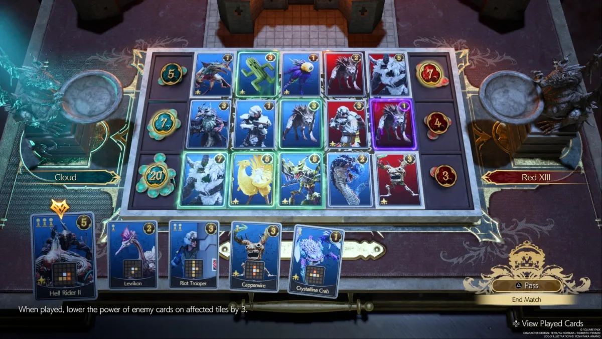 Captura de pantalla de FF7 Rebirth del tablero durante un partido de Queen's Blood contra Red XIII durante el torneo Queen's Blood