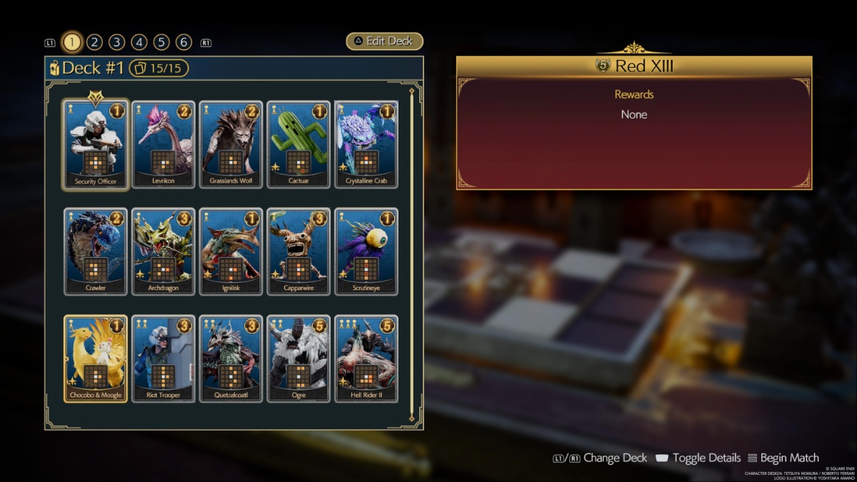 FF7 Rebirth screenshot of a Queen's Blood deck used against Red XIII in the Queen's Blood tournament.