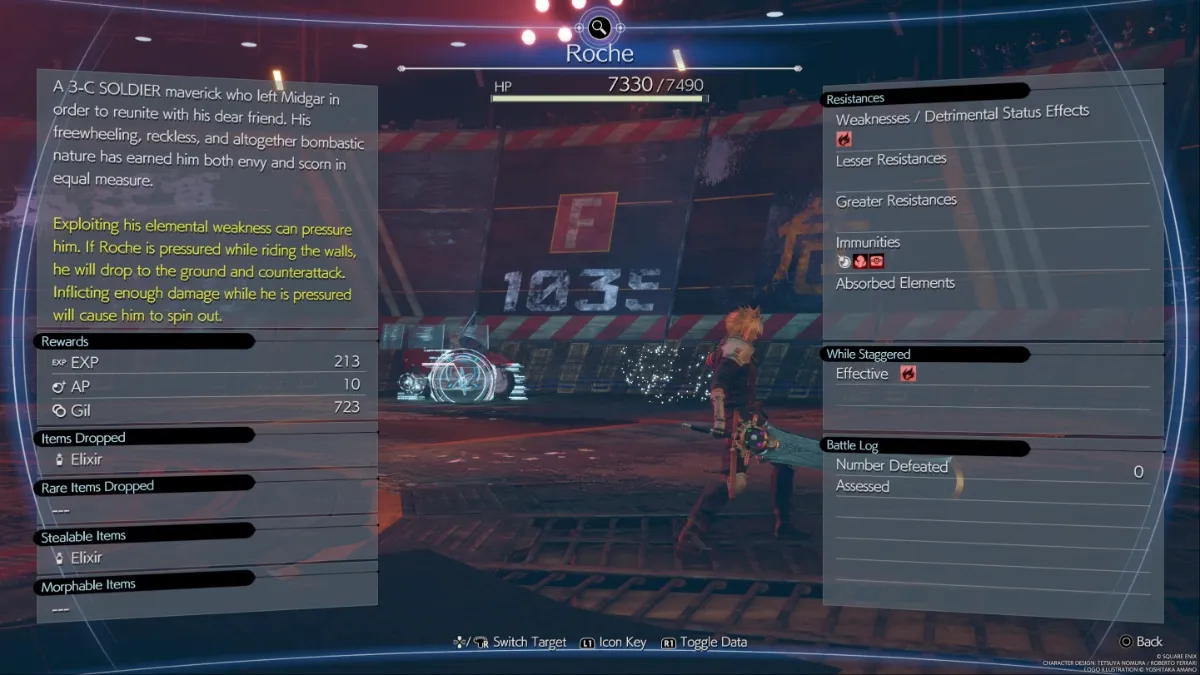 Final Fantasy 7 Rebirth screenshot of Roche's information in the Assess screen.